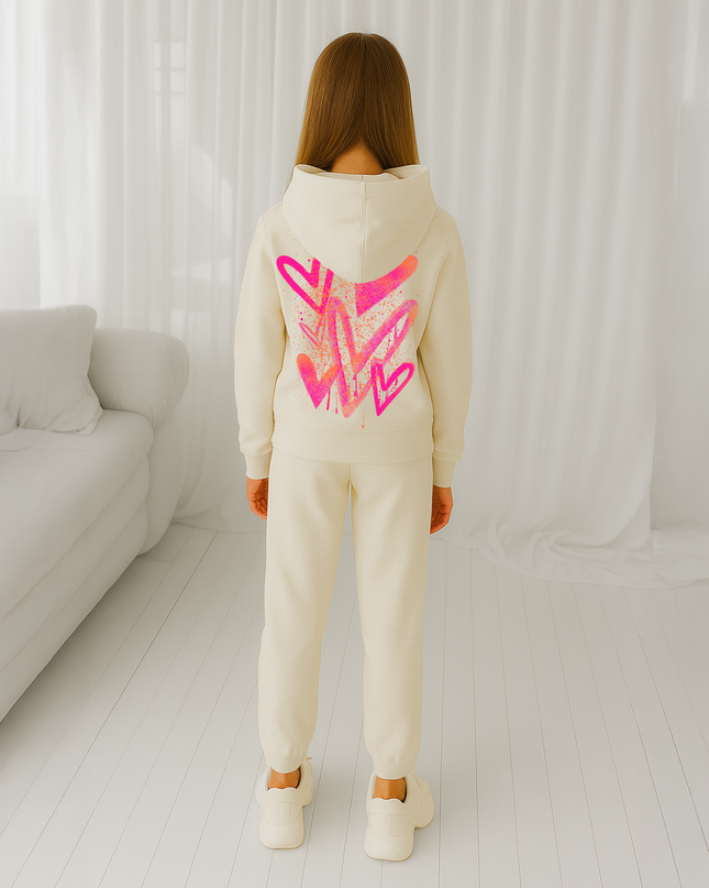 Neon Pink/Orange Scattered Hearts Printed Hooded Tracksuit Kids