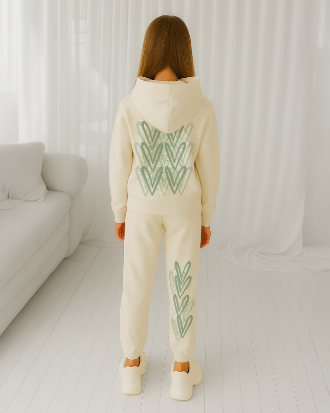 Sage Green Hearts Printed Hooded Tracksuit Kids