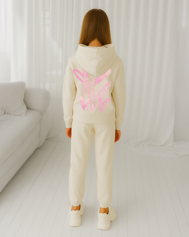 Pink Scattered Hearts Printed Hooded Tracksuit Kids