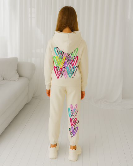 Multi Colour Leopard Hearts Printed Hooded Tracksuit Kids