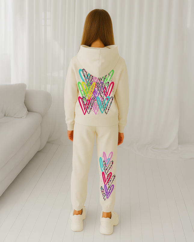 Multi Colour Leopard Hearts Printed Hooded Tracksuit Kids