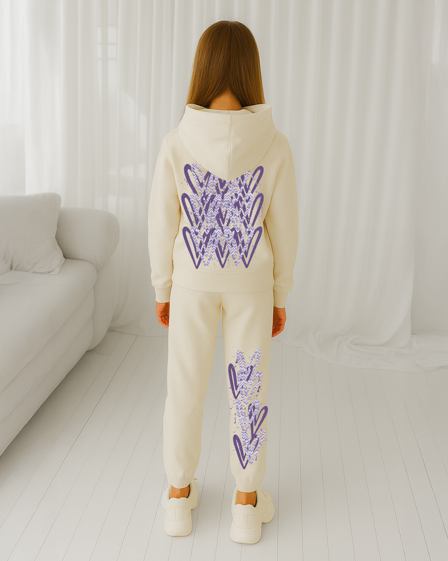 Lilac Zig Zag Hearts Printed Hooded Tracksuit Kids
