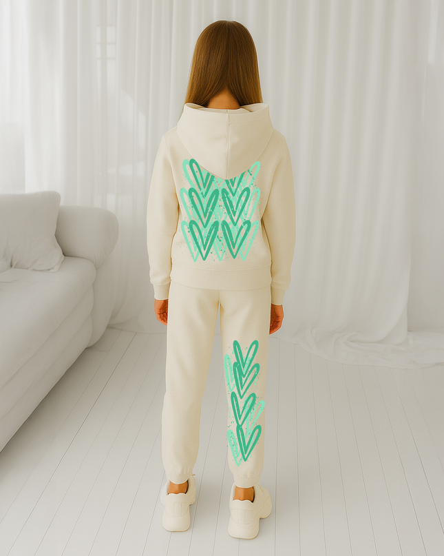 Green Hearts Printed Hooded Tracksuit Kids