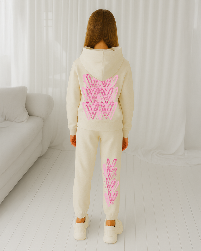 Pink Zig Zag Hearts Printed Hooded Tracksuit Kids