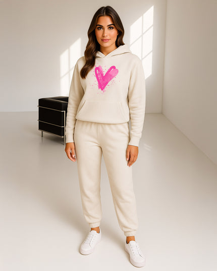 Hot Pink Scattered Hearts Printed Hooded Tracksuit Adult