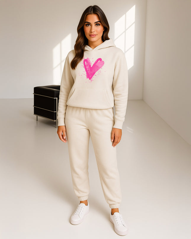 Hot Pink Scattered Hearts Printed Hooded Tracksuit Adult