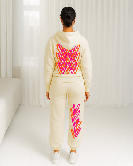 Neon Pink & Orange Hearts Printed Hooded Tracksuit Adult