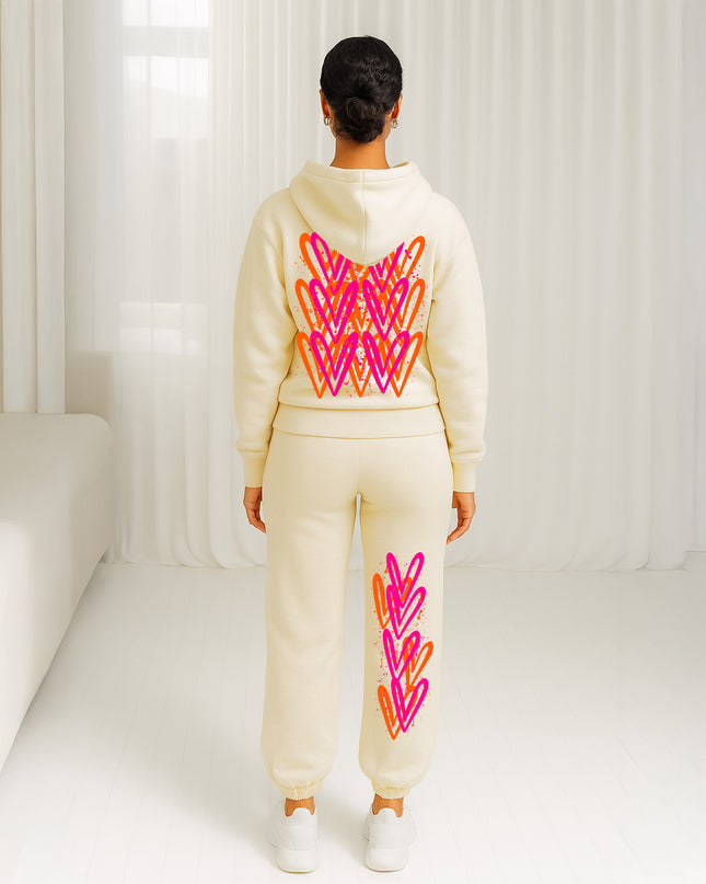 Neon Pink & Orange Hearts Printed Hooded Tracksuit Adult