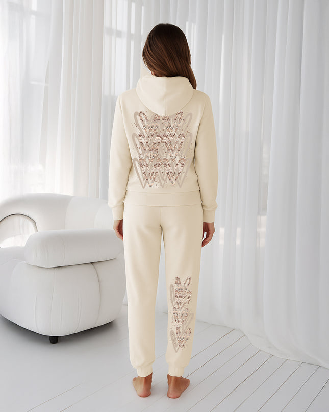 Beige Zig Zag Hearts Printed Hooded Tracksuit Adult