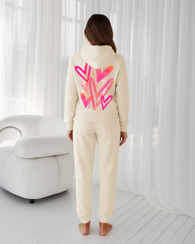 Neon Pink & Orange Scattered Hearts Printed Hooded Tracksuit Adult