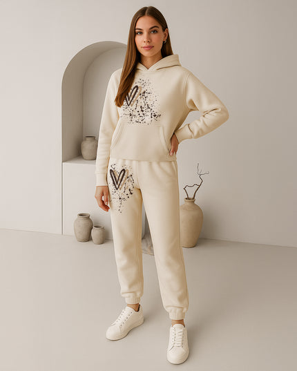 Beige Hearts Printed Hooded Tracksuit Adult
