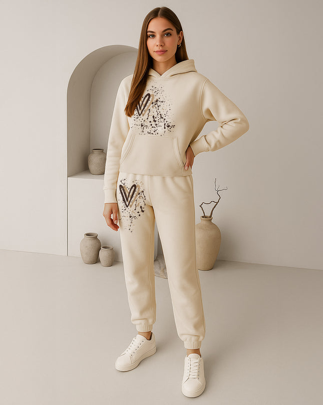 Beige Hearts Printed Hooded Tracksuit Adult