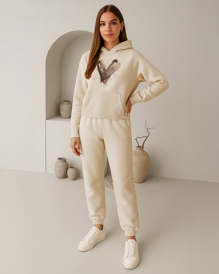 Beige Scattered Hearts Printed Hooded Tracksuit Adult