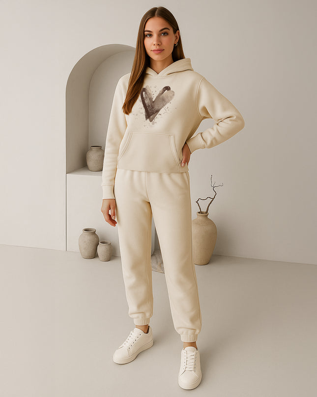 Beige Scattered Hearts Printed Hooded Tracksuit Adult