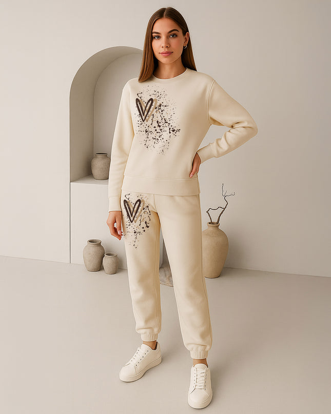 Beige Hearts Printed Sweatshirt Tracksuit Adult