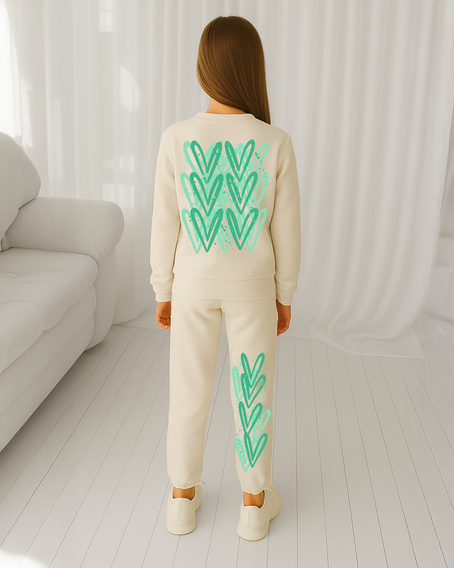 Green Hearts Printed Sweatshirt Tracksuit Kids