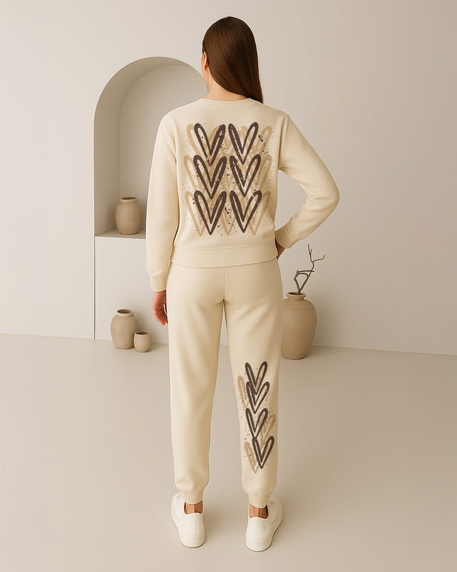 Beige Hearts Printed Sweatshirt Tracksuit Adult