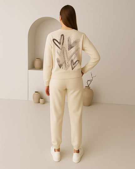 Beige Scattered Hearts Printed Sweatshirt Tracksuit Adult