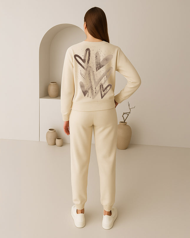 Beige Scattered Hearts Printed Sweatshirt Tracksuit Adult