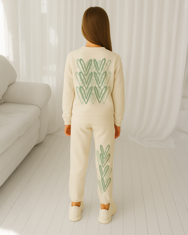Sage Green Hearts Printed Sweatshirt Tracksuit Kids
