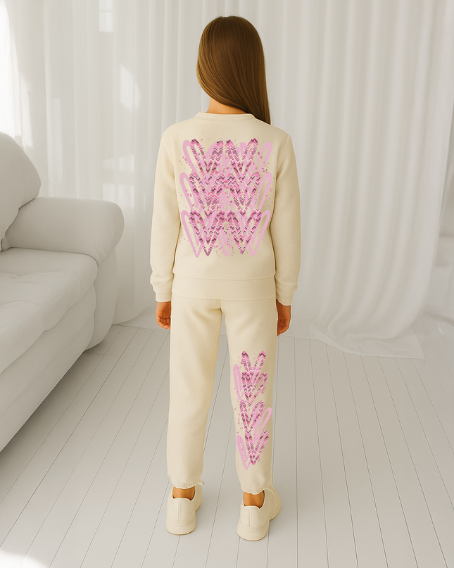 Dark Pink Zig Zag Hearts Printed Sweatshirt Tracksuit Kids