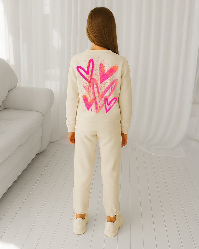 Neon Pink/Orange Scatter Hearts Printed Sweatshirt Tracksuit Kids