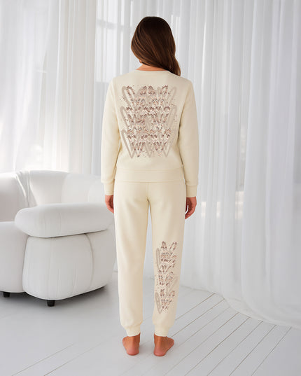 Beige Zig Zag Hearts Printed Sweatshirt Tracksuit Adult