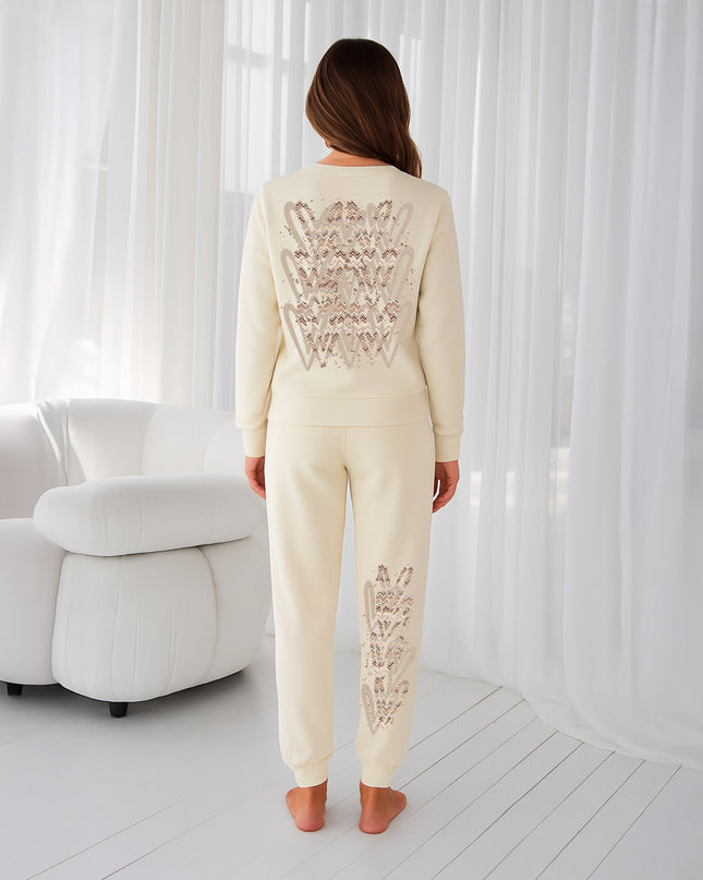 Beige Zig Zag Hearts Printed Sweatshirt Tracksuit Adult