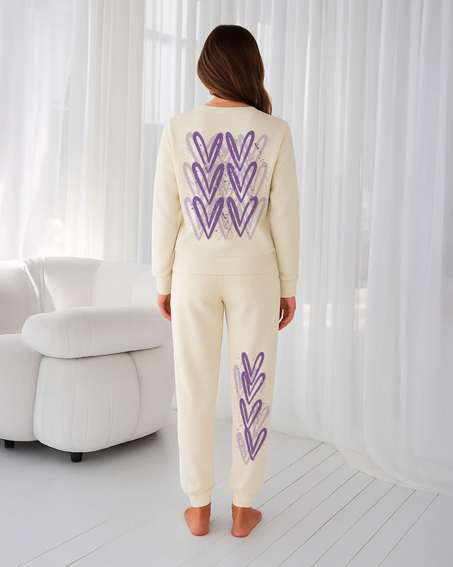 Lilac Hearts Printed Sweatshirt Tracksuit Adult