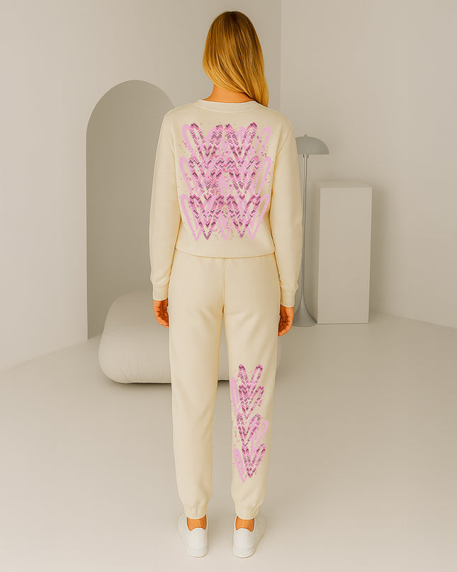 Dark Pink Zig Zag Hearts Printed Sweatshirt Tracksuit Adult