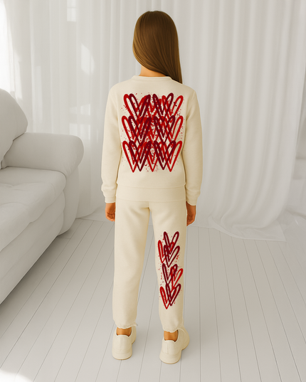Deep Red Hearts Printed Sweatshirt Tracksuit Kids
