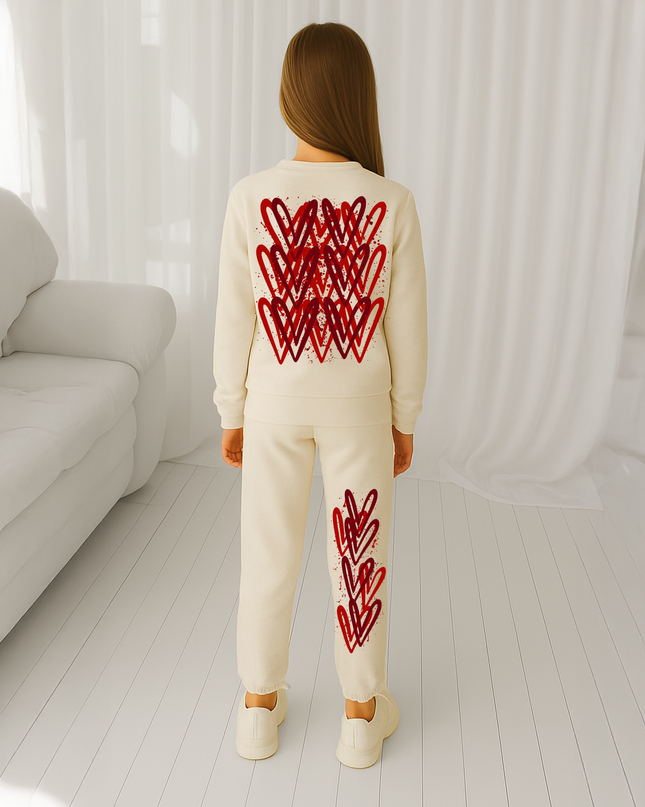Deep Red Hearts Printed Sweatshirt Tracksuit Kids