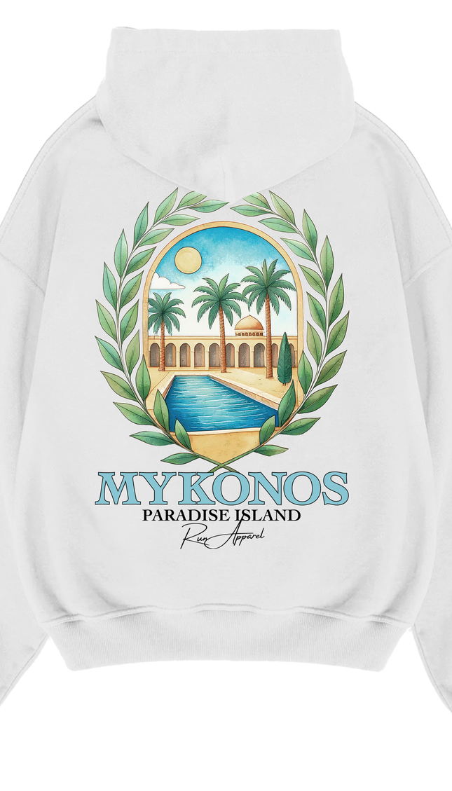 Mykonos Paradise Island Hoodie – unisex printed hoodie by Miss Runway