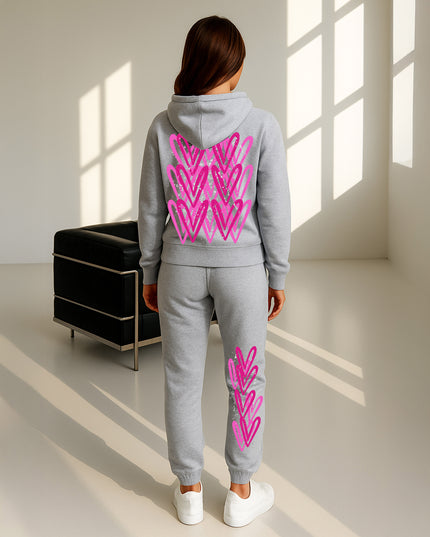 Hot Pink Hearts Printed Hooded Tracksuit Adult