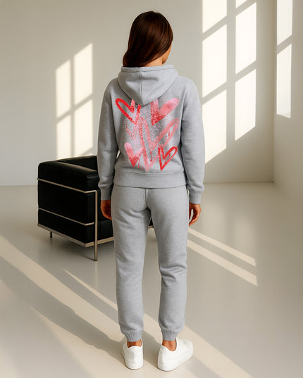 Red Scattered Hearts Printed Hooded Tracksuit Adult