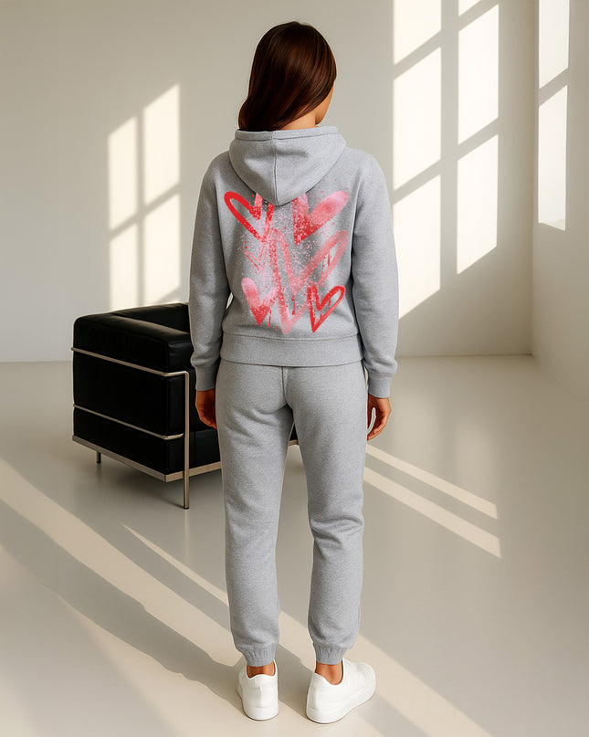 Red Scattered Hearts Printed Hooded Tracksuit Adult