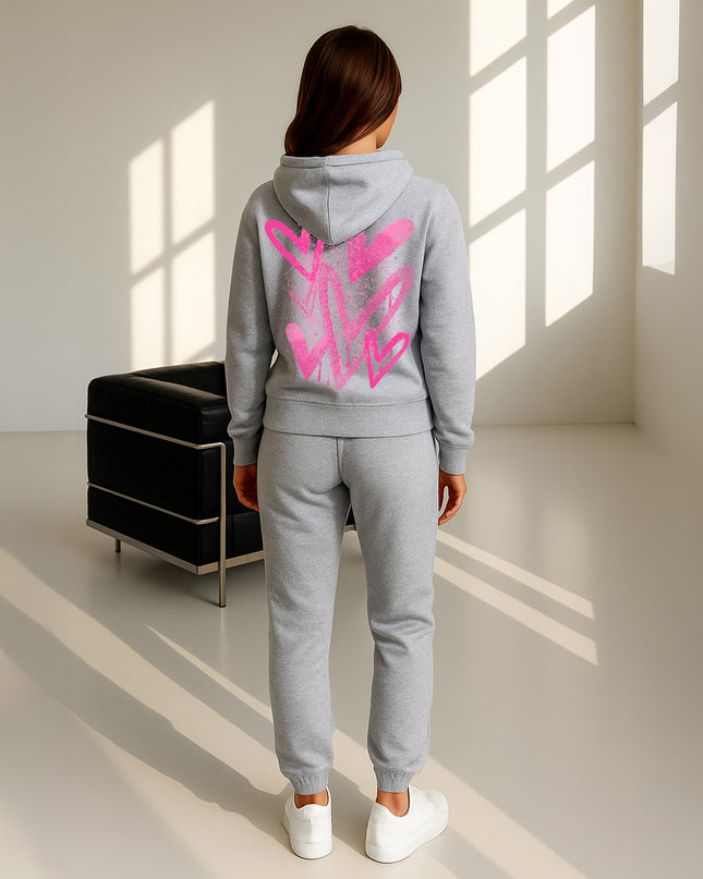 Hot Pink Scattered Hearts Printed Hooded Tracksuit Adult