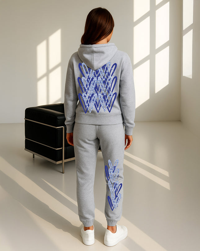 Blue Zig Zag Hearts Printed Hooded Tracksuit Adult