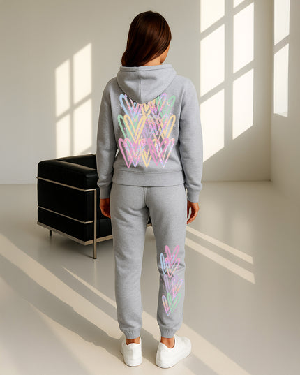 Pastel Leopard Print Hearts Printed Hooded Tracksuit Adult