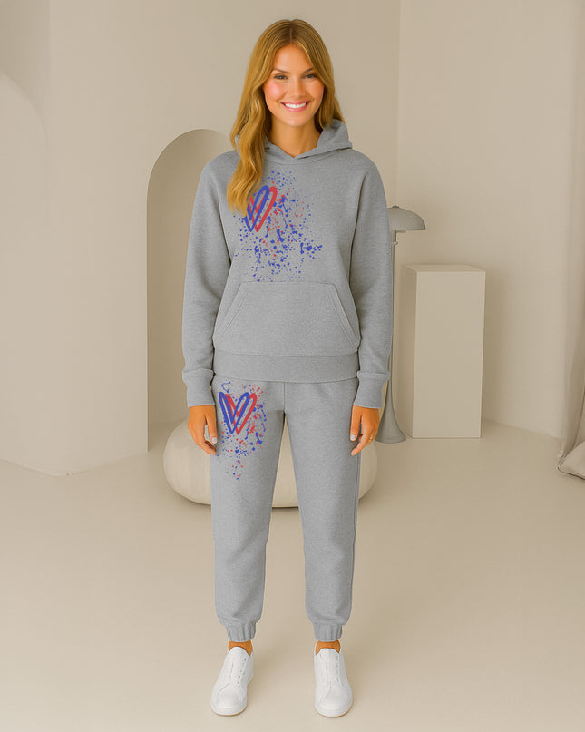 Red & Blue Hearts Printed Hooded Tracksuit Adult