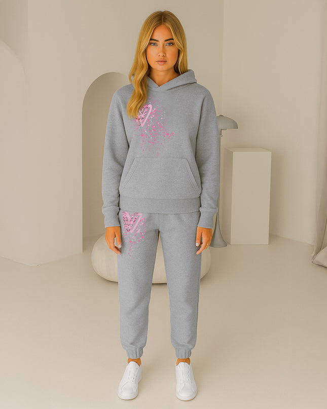 Dark Pink Zig Zag Hearts Printed Hooded Tracksuit Adult