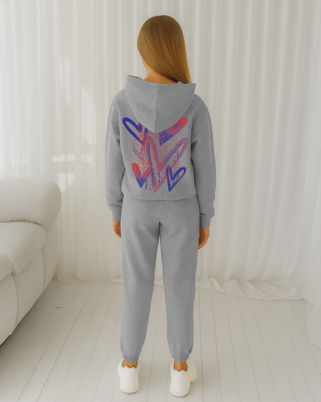 Blue/Red Scattered Hearts Printed Hooded Tracksuit Kids