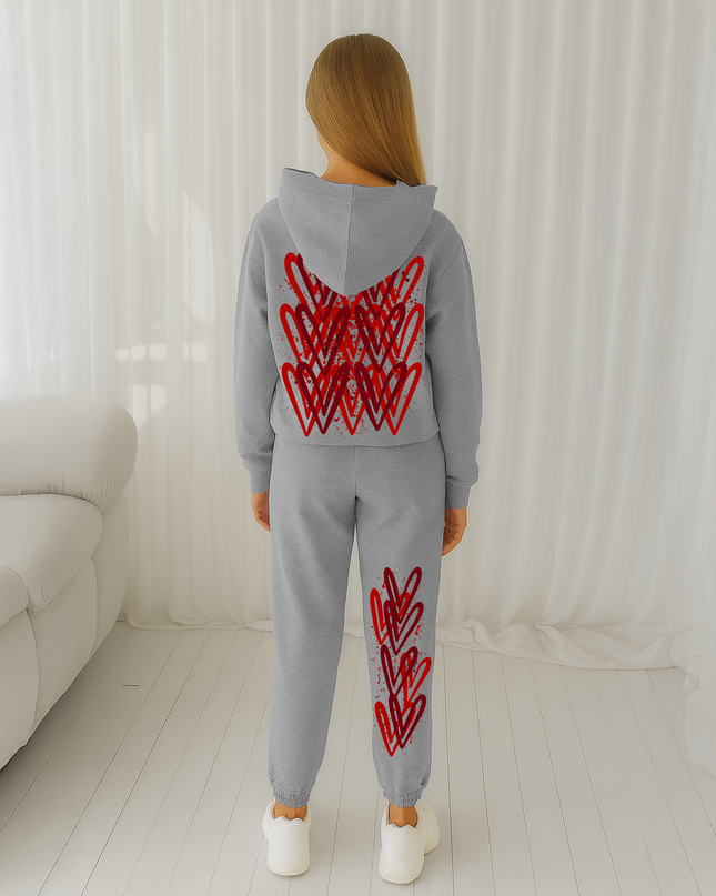 Deep Red Hearts Printed Hooded Tracksuit Kids