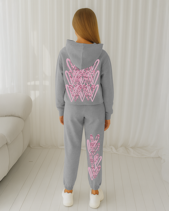 Dark Pink Zig Zag Hearts Printed Hooded Tracksuit Kids