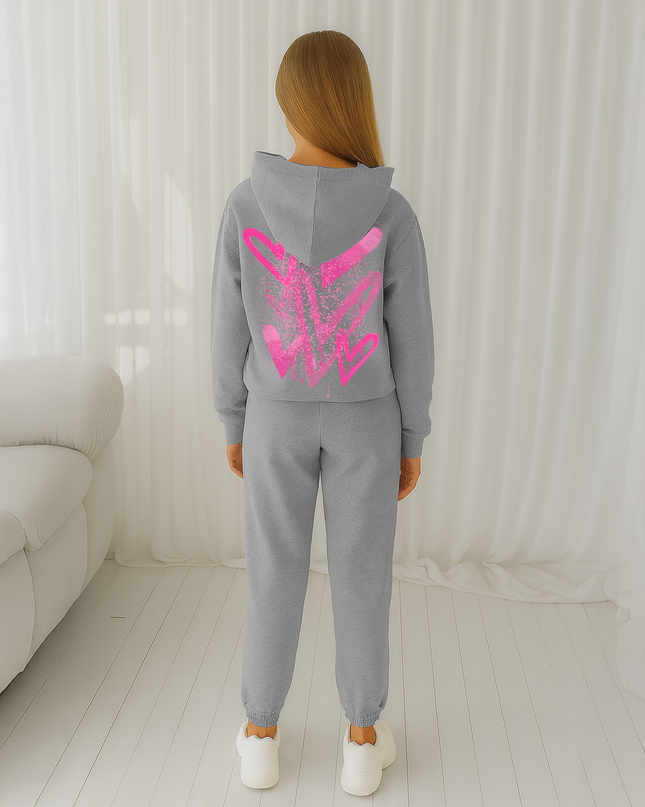 Hot Pink Scattered Hearts Printed Hooded Tracksuit Kids