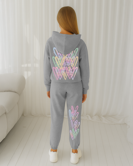 Pastel Leopard Hearts Printed Hooded Tracksuit Kids