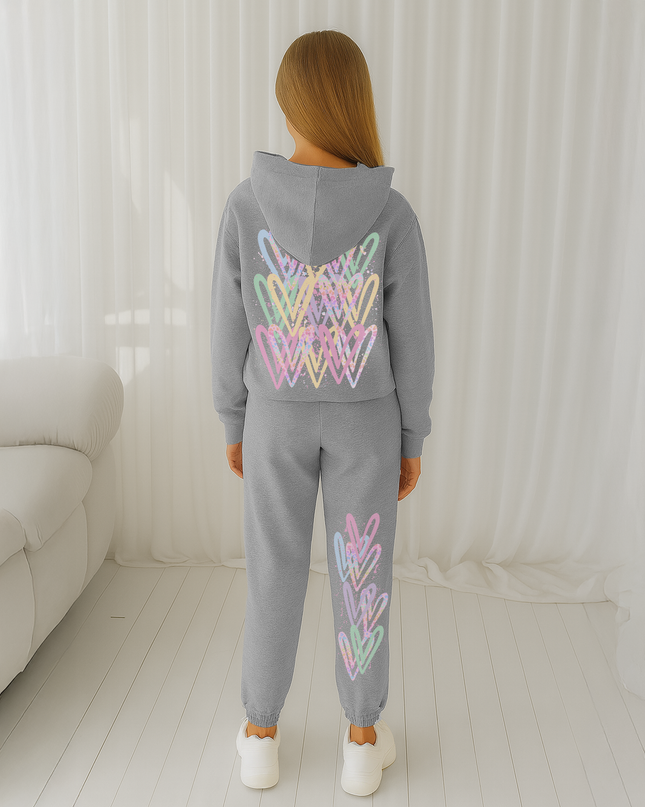 Pastel Leopard Hearts Printed Hooded Tracksuit Kids