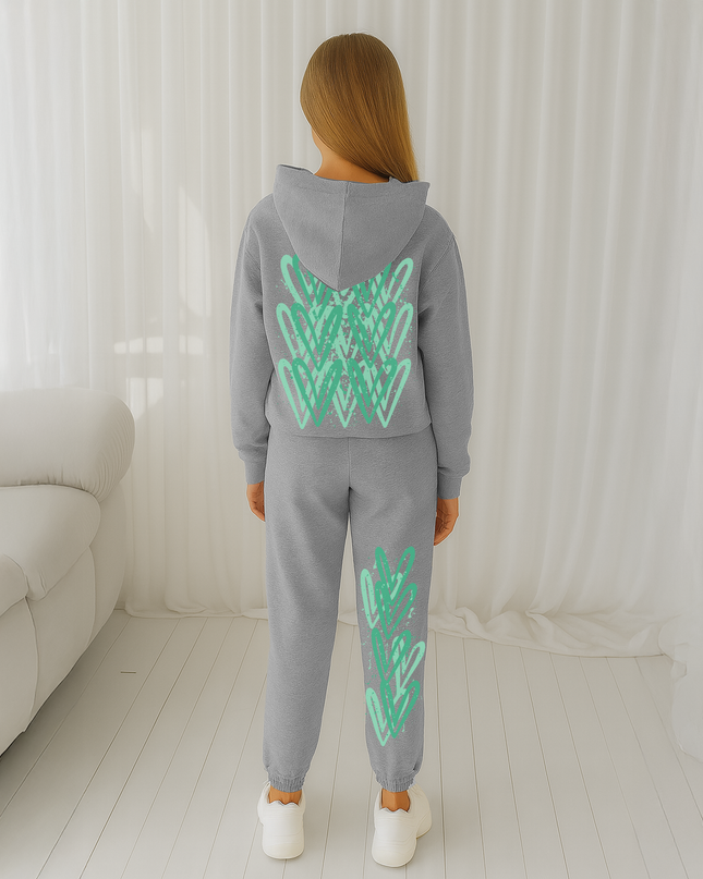 Green Hearts Printed Hooded Tracksuit Kids
