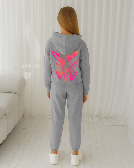 Neon Pink/Orange Scattered Hearts Printed Hooded Tracksuit Kids