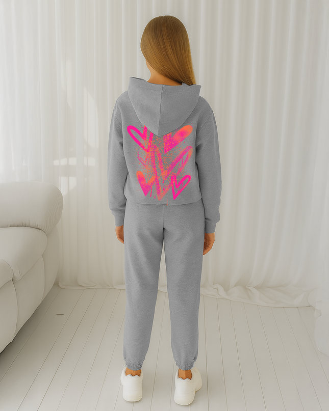Neon Pink/Orange Scattered Hearts Printed Hooded Tracksuit Kids